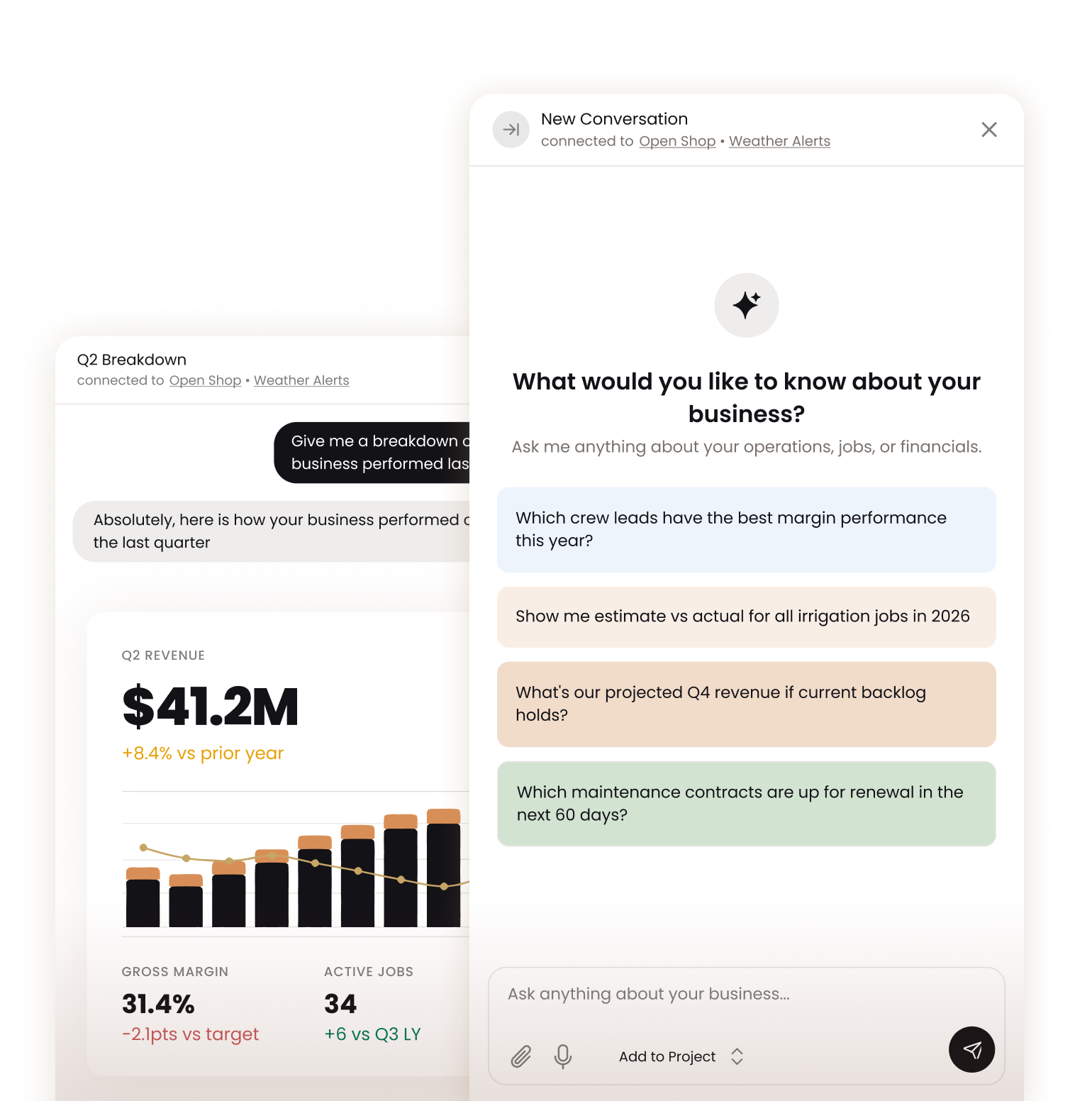 Strata chat windows showing a Q2 business breakdown and a new conversation with suggested business questions